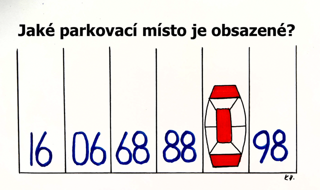 Jaké číslo má parkovací stání, kde je červené auto?
