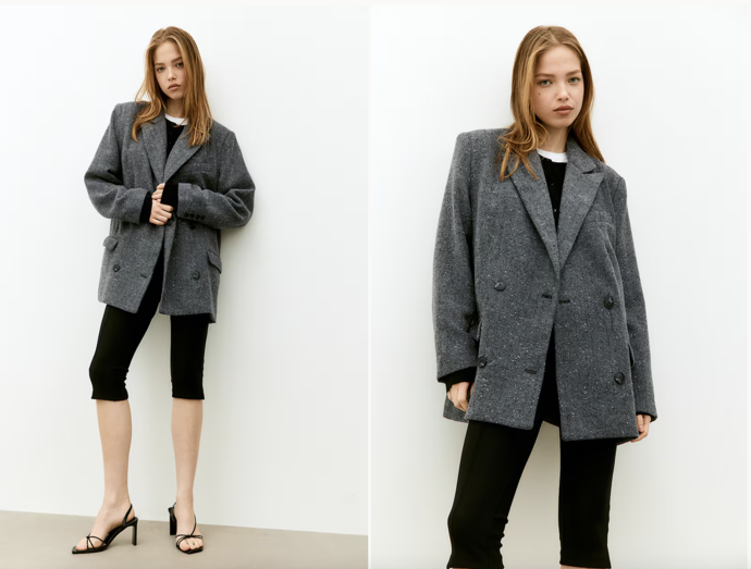 Dvouřadové sako, šedá, vzor rybí kost, H&M, 1 199 Kč
