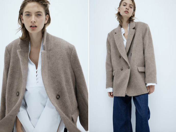 Sako z vlněné směsi, béžová a tmavě šedý malír, H&M, 1 199 Kč
