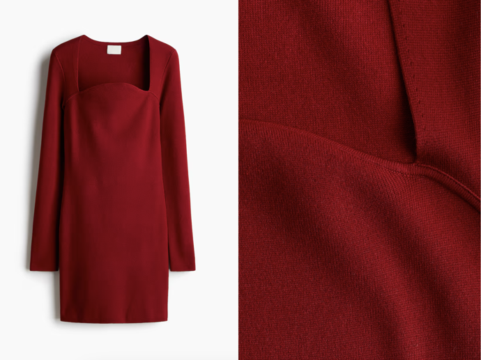 Pletené minišaty, tmavě červené a černé, H&M, 839 Kč
