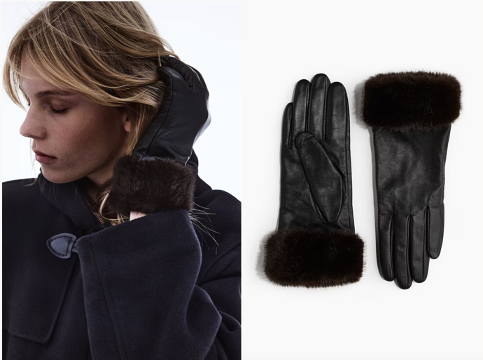 Kožené rukavice s huňatým lemem, černé, H&M, 959 Kč
