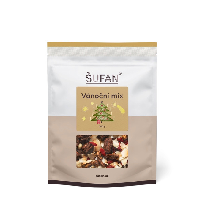 Vánoční mix ořechů, kokosových chipsů a sušené goji, Šufan, 199 Kč (200 g)
