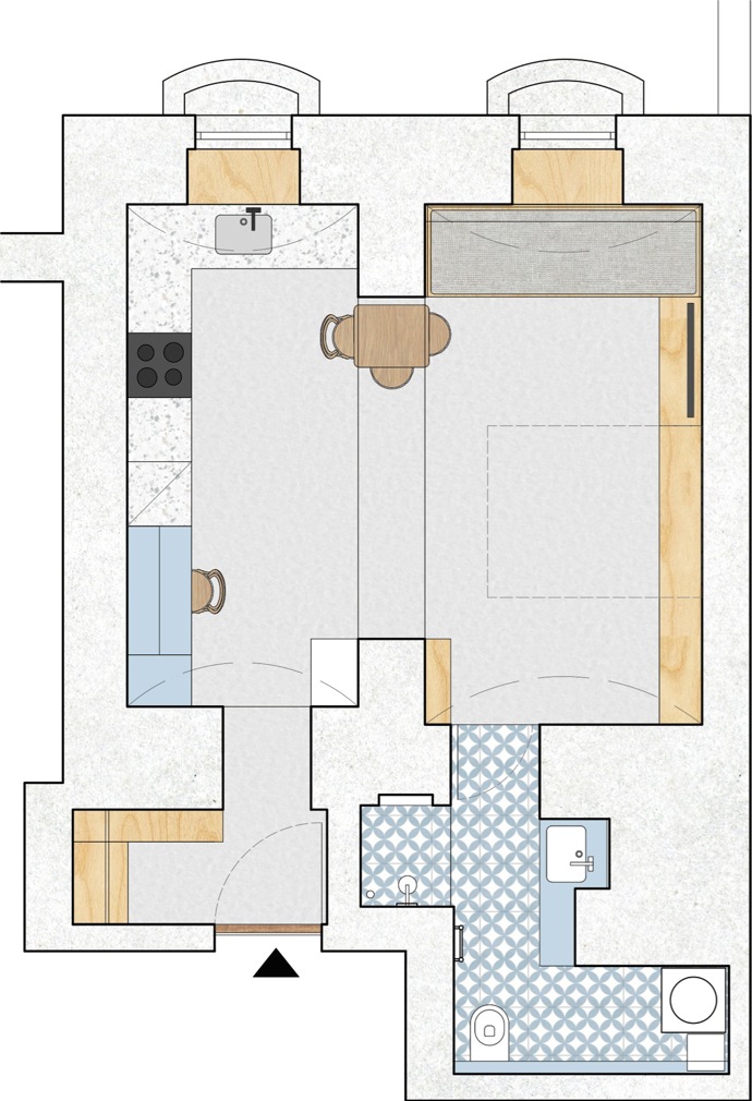 Na to, že jde o studio pro práci a příležitostné přespání, vypadá interiér suterénu s okny směrem do dvora opravdu velmi přívětivě. Architektkám z Anny architects, které se ujaly přestavby, ale projekt přinesl i pár bezesných nocí.

