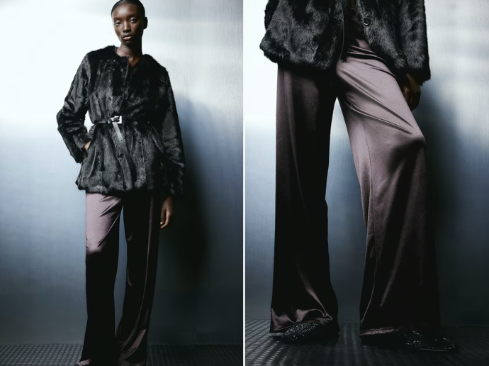 Rovné žerzejové kalhoty, černá lesklá, H&M, 329 Kč
