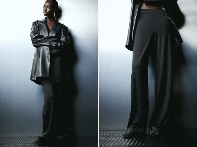 Rovné žerzejové kalhoty, černá třpytivá, H&M, 359 Kč
