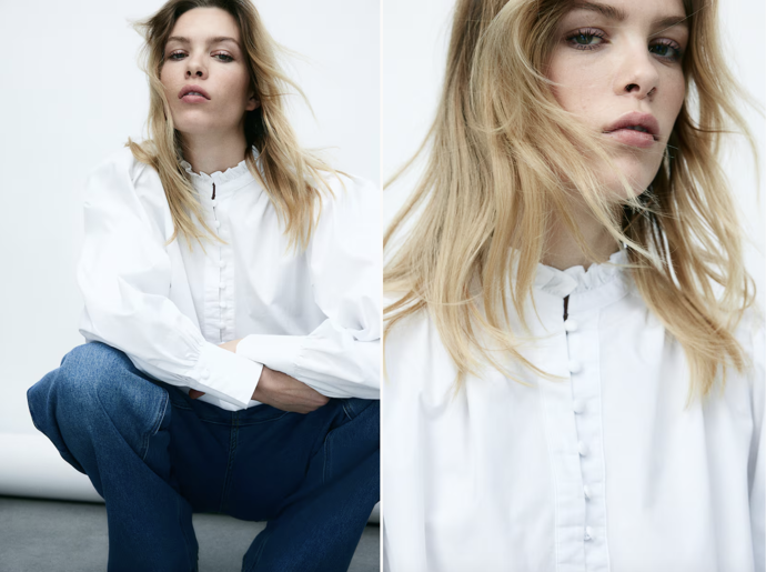 Frilled-collar cotton blouse, bílá (a modro-bílá), H&M, 479 Kč
