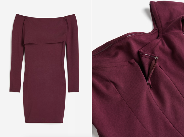 Šaty s odhalenými rameny, vínová, H&M, 399 Kč
