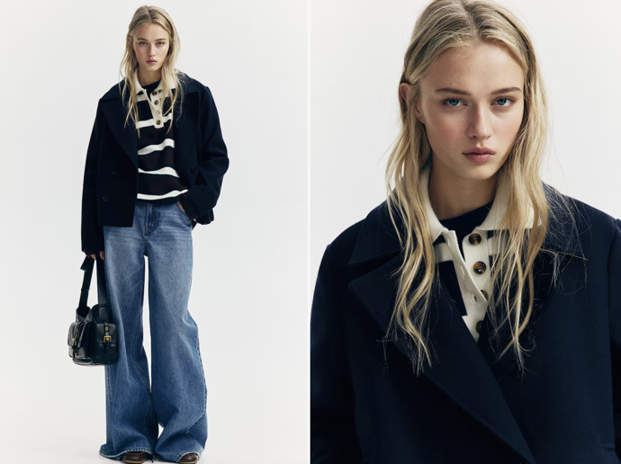 Krátký námořnický kabát, tmavě modrá, H&M, 579 Kč
