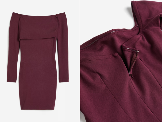 Šaty s odhalenými rameny, višňová, H&M, 399 Kč
