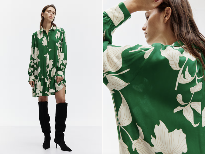 Oversized košilové šaty, Zelená/krémové květy, H&M, 549 Kč

 
