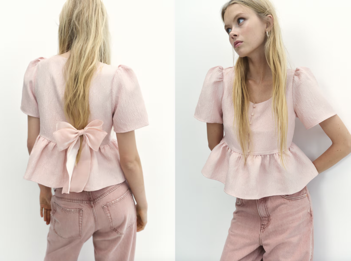 Brokátová halenka s dolním volánem, Tlumená světle růžová, H&M, 479 Kč
