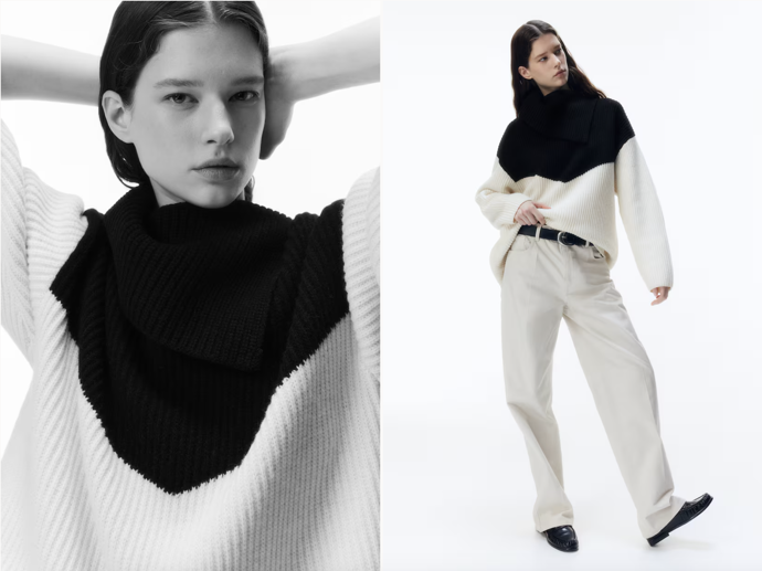 Vlněný svetr s asymetrickým límcem, černobílý, H&M, 2 199 Kč
