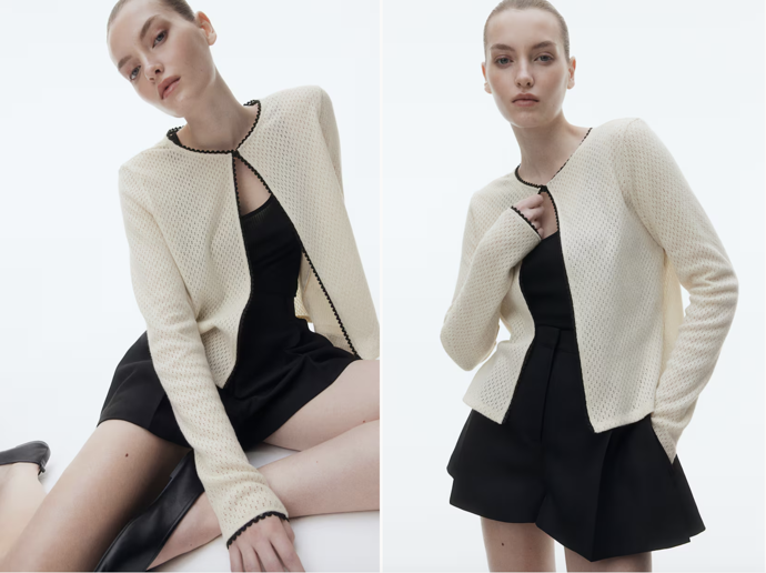 Svetr z ažurového úpletu s pikotkovými lemy, krémová (také v černé), H&M, 599 Kč
