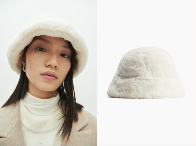 Huňatý klobouk typu bucket, bílá a tmavě hnědá, H&M, 479 Kč
