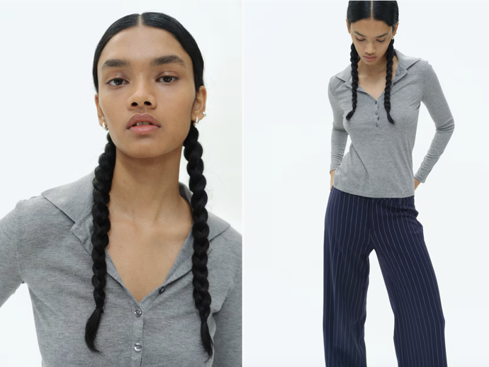 Přiléhavé triko s límečkem, šedý melír a černá, H&M, 249 Kč
