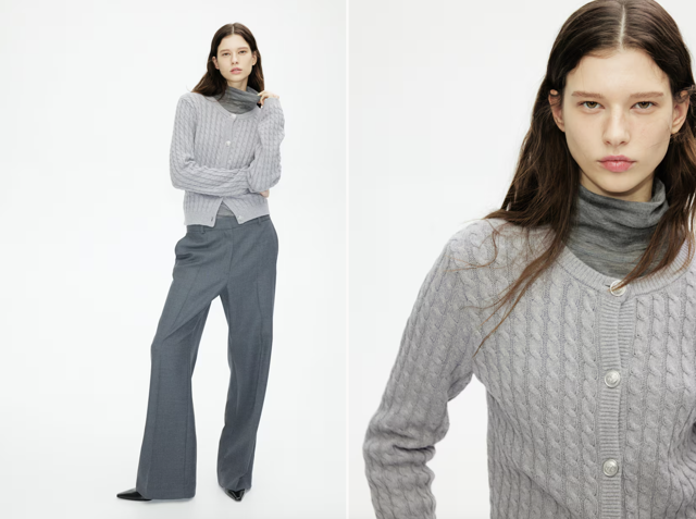 Propínací svetr s copánkovým vzorem, různé barvy, H&M, 599 Kč

