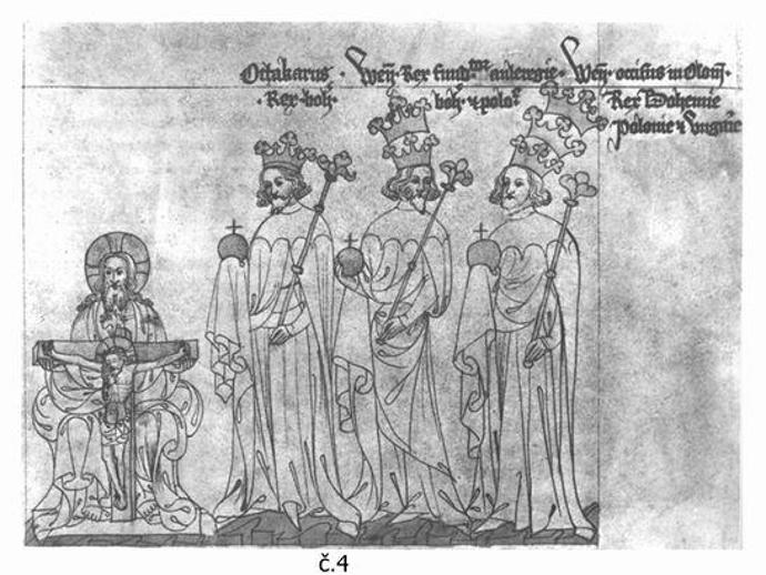 Čeští králové Přemysl Otakar II., Václav II. a Václav III.
