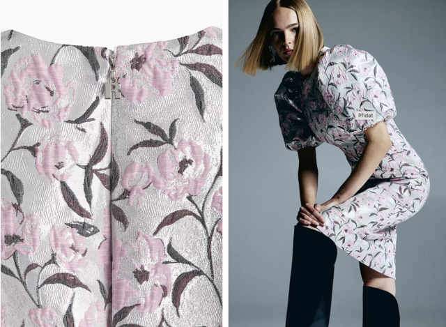 Brokátové midi šaty s nabíraným rukávem, stříbrná s květny, H&M, 7 299 Kč
