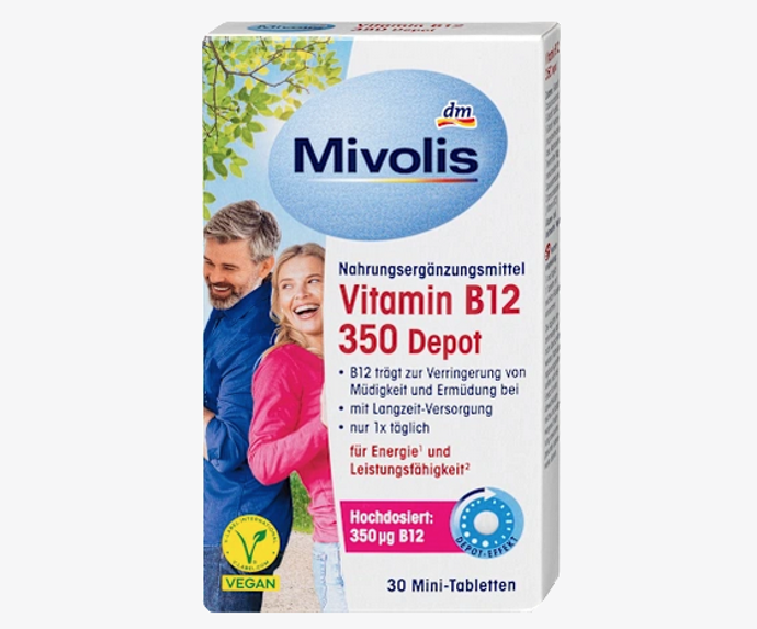Mivolis vitamín B12 350 Depot tablety obsahují vysokou dávku vitaminu B12, který posiluje organismus ve stresových situacích, při určitých formách výživy nebo při zvýšené potřebě vitamínu B12. Dále pomáhá přispívat k normálnímu metabolismu důležitému pro tvorbu energie. Vitamín B12 také pomáhá snižovat únavu a vyčerpání. 49 Kč
