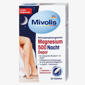 Mivolis magnesium 500 depot na noc je doplněk stravy s hořčíkem, L-tryptofanem a chmelovým výtažkem. Pomáhá podporovat správné fungování svalů a přispívat tak k uvolnění svalů, buněk a nervů během nočního odpočinku. Hořčík navíc pomáhá přispívat k normální činnosti svalů a nervové soustavy. 90 Kč
