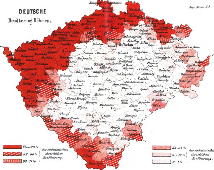 Německé obyvatelstvo na území Čech v roce 1864 (podle tzv. obcovacího jazyka, tzn. jazyka používaného nejčastěji ve styku s okolím)
