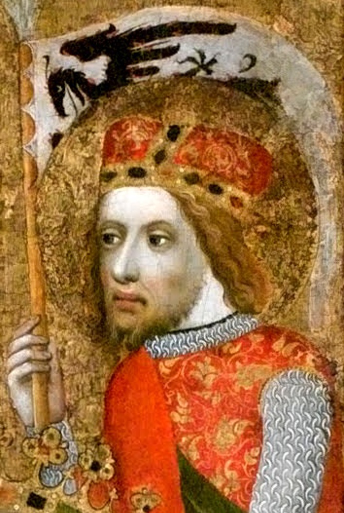 Svatý Václav, hlavní patron českého státu; na praporci je původní znak Českého knížectví, černá orlice
