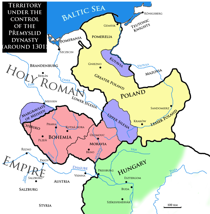 Území pod kontrolou Přemyslovců, rok 1301
