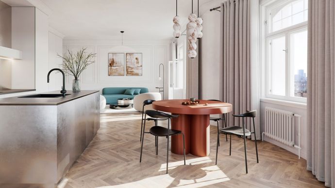 V interiérech byl kladen výrazný důraz na kvalitní materiály a nadčasový design. Dubové parkety, renovovaná špaletová okna s izolačním dvojsklem, francouzská posuvná okna s výstupy na terasu a vstupní bezpečností dveře s protipožární úpravou poskytují komfortní bydlení. 
