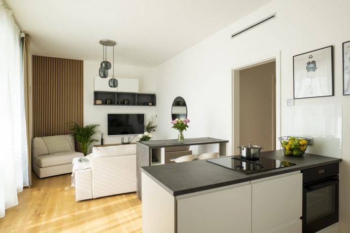 Ambiciózní projekt přináší moderní a elegantní bydlení na poloostrově mezi řekou Moravou a Mlýnským potokem v samém srdci Olomouce, ale zároveň obklopeni zelení. Při realizaci bytů kladli architekti důraz na komfort, design a spojení s přírodou. 
