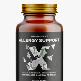 Doplněk stravy BrainMax Allergy Support, 799 Kč

BrainMax Allergy Support je kombinace deseti látek a extraktů z bylin navržených tak, aby poskytoval efektivní pomoc dýchacím cestám. Obsahuje kvercetin, bromelain, lipozomální vitamín C, extrakt z kopřivy dvoudomé, děvětsilu, řimbaby spolu s N-Acetyl-L-Cysteinem a antioxidanty apigeninem a pycnogenolem. Kapsle jsou rostlinného původu a neobsahují žádné balastní látky ani éčka. 
