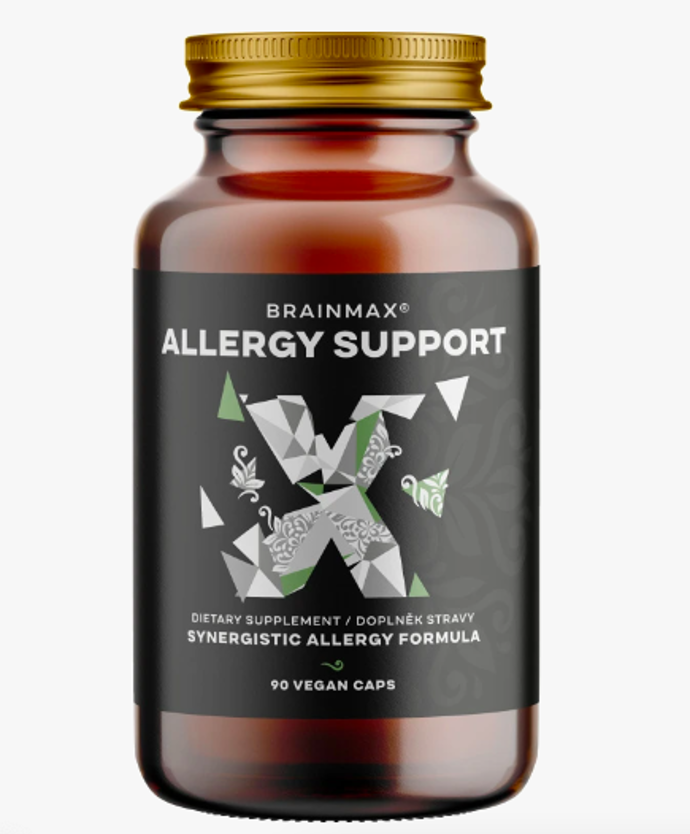 Doplněk stravy BrainMax Allergy Support, 799 Kč

BrainMax Allergy Support je kombinace deseti látek a extraktů z bylin navržených tak, aby poskytoval efektivní pomoc dýchacím cestám. Obsahuje kvercetin, bromelain, lipozomální vitamín C, extrakt z kopřivy dvoudomé, děvětsilu, řimbaby spolu s N-Acetyl-L-Cysteinem a antioxidanty apigeninem a pycnogenolem. Kapsle jsou rostlinného původu a neobsahují žádné balastní látky ani éčka. 
