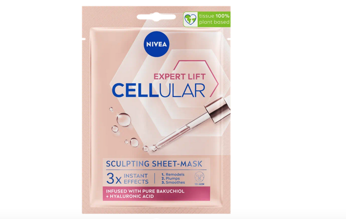 Nivea Cellular Expert Lift Remodelační 10minutová textilní maska s čistým bakuchiolem a kyselinou hyaluronovou během 10 minut vyhladí vrásky a sjednotí pleť. 89 Kč

