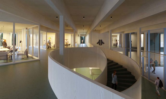 Budova s kapacitou více než 12 000 m² kancelářských prostor je navržena s ohledem na harmonické propojení s okolní přírodou. Pět podélných sekcí směřujících do lesa vytváří unikátní prostor pro práci i relaxaci. Kanceláře jsou organizovány kolem sdílených vnitřních prostor a venkovních zelených nádvoří. Ty přirozeně rozšiřují pracovní prostor do lesa.
Budova s kapacitou více než 12 000 m² kancelářských prostor je navržena s ohledem na harmonické propojení s okolní přírodou. Pět podélných sekcí směřujících do lesa vytváří unikátní prostor pro práci i relaxaci. Kanceláře jsou organizovány kolem sdílených vnitřních prostor a venkovních zelených nádvoří. Ty přirozeně rozšiřují pracovní prostor do lesa.