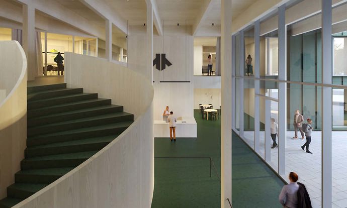 Budova s kapacitou více než 12 000 m² kancelářských prostor je navržena s ohledem na harmonické propojení s okolní přírodou. Pět podélných sekcí směřujících do lesa vytváří unikátní prostor pro práci i relaxaci. Kanceláře jsou organizovány kolem sdílených vnitřních prostor a venkovních zelených nádvoří. Ty přirozeně rozšiřují pracovní prostor do lesa.
Budova s kapacitou více než 12 000 m² kancelářských prostor je navržena s ohledem na harmonické propojení s okolní přírodou. Pět podélných sekcí směřujících do lesa vytváří unikátní prostor pro práci i relaxaci. Kanceláře jsou organizovány kolem sdílených vnitřních prostor a venkovních zelených nádvoří. Ty přirozeně rozšiřují pracovní prostor do lesa.