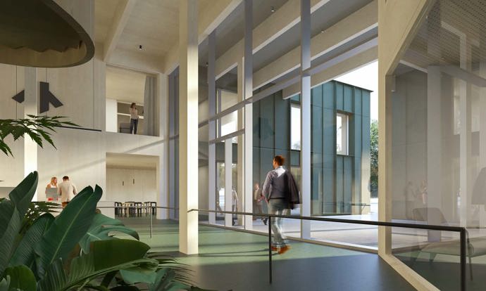 Budova s kapacitou více než 12 000 m² kancelářských prostor je navržena s ohledem na harmonické propojení s okolní přírodou. Pět podélných sekcí směřujících do lesa vytváří unikátní prostor pro práci i relaxaci. Kanceláře jsou organizovány kolem sdílených vnitřních prostor a venkovních zelených nádvoří. Ty přirozeně rozšiřují pracovní prostor do lesa.
Budova s kapacitou více než 12 000 m² kancelářských prostor je navržena s ohledem na harmonické propojení s okolní přírodou. Pět podélných sekcí směřujících do lesa vytváří unikátní prostor pro práci i relaxaci. Kanceláře jsou organizovány kolem sdílených vnitřních prostor a venkovních zelených nádvoří. Ty přirozeně rozšiřují pracovní prostor do lesa.