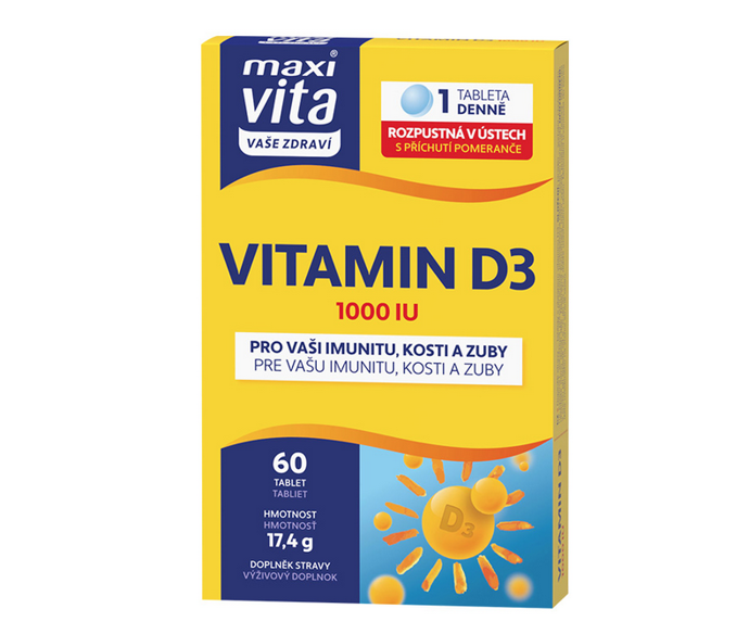 Maxivita Vitamin D3 je doplněk stravy ve formě rozpustných tablet s příchutí pomeranče. Obsahuje vysokou dávku vitaminu D, takzvaného slunečního vitaminu, který se přirozeně vytváří v naší pokožce, pokud ji vystavujeme slunečním paprskům. Dalším zdrojem vitaminu D je strava a na jeho dostatečný přísun touto cestou je třeba dbát zvláště v zimních měsících. Vitamin D přispívá ke vstřebávání a využití vápníku v organizmu, udržení dobrého stavu kostí a zubů a normální činnosti svalů. Zvláště důležitý je pro děti v období růstu, ale také pro sportovce, seniory či ženy v menopauze. 89 Kč

