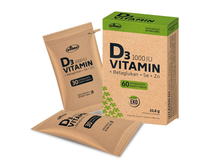 Doplněk stravy s obsahem vitamin D3 obohacený o betagukany s garatovanou čistotou 80%, selenem a zinkem. Pro podporu imunity a zdravých kostí. 159 Kč
