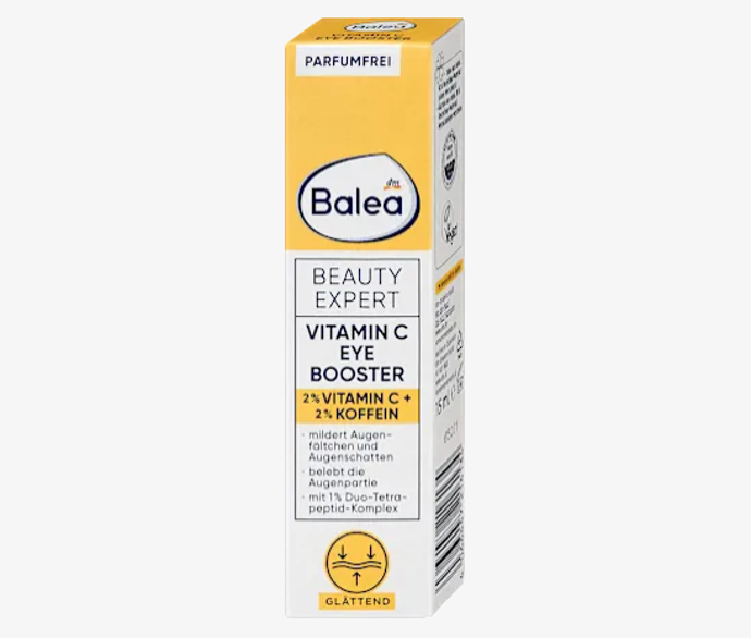 Balea Beauty Expert oční booster obsahuje 2 % vitamínu C, 2 % kofeinu a 1 % duo-tetra-peptidového komplexu. Redukuje vrásky, tmavé kruhy pod očima a revitalizuje oční okolí. Vitamín C podporuje tvorbu kolagenu, redukuje známky stárnutí pleti, má rozjasňující účinek. Kofein podporuje mikro krevní oběh v pokožce. Duo-tetra-peptidový komplex zpevňuje pleť a účinně redukuje vrásky kolem očí. V kombinaci s 5 % niacinamidu cíleně posiluje jemné oční okolí.119 Kč
