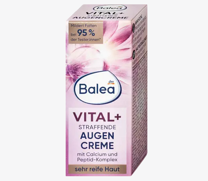 Intenzivní péče pro nejvyšší nároky! Kosmetická řada Balea Vital+ byla vyvinuta speciálně pro potřeby velmi zralé pleti. Zpevňující oční krém pro zralou pleť Balea Vital+ pečuje o jemné oční okolí a posiluje je. Vápník zvyšuje přirozené funkce buněk a vaše pokožka bude znatelně odolnější. Peptidový komplex a účinná látka VitaCell hydratují citlivou pokožku kolem očí a posilují její strukturu. Vysoce kvalitní amarantový olej zanechává pokožku jemnou a hladkou. Pro věkovou skupinu od 55 let. 109 Kč
Intenzivní péče pro nejvyšší nároky! Kosmetická řada Balea Vital+ byla vyvinuta speciálně pro potřeby velmi zralé pleti. Zpevňující oční krém pro zralou pleť Balea Vital+ pečuje o jemné oční okolí a posiluje je. Vápník zvyšuje přirozené funkce buněk a vaše pokožka bude znatelně odolnější. Peptidový komplex a účinná látka VitaCell hydratují citlivou pokožku kolem očí a posilují její strukturu. Vysoce kvalitní amarantový olej zanechává pokožku jemnou a hladkou. Pro věkovou skupinu od 55 let. 109 Kč