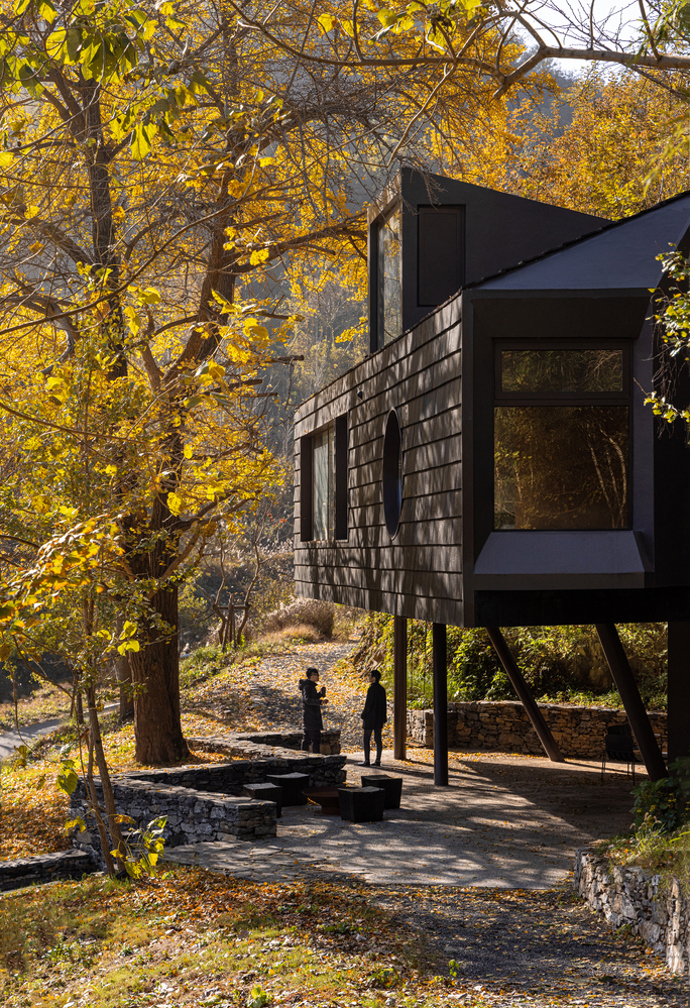 Architekti z Moguang Studio postavili mezi stromy chatu, která neruší, ale přirozeně splyne s lesem. Dům stojí na pilířích, aby nepoškodil kořeny starých stromů, a místo klasických oken má geometrické výřezy, které rámují krajinu.
