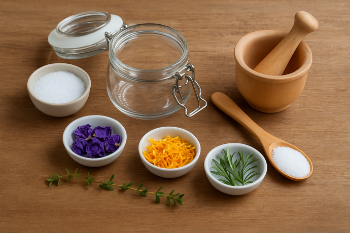 Při výrobě květinové soli doporučujeme mít nejdříve připravené všechny potřeby a ingredience, ať pak můžete v poklidu tvořit. Jestliže chcete hrubší sůl, jen ji smíchejte s ingrediencemi, dejte do vhodné nádoby a nechte odpočívat, pro jemnější konzistenci nejdříve rozdrťte v hmoždíři. Nebojte se experimentovat. Možná vyrobíte úžasnou chuť, která by vás normálně nenapadla. 
