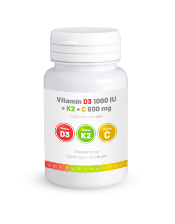 Vitamín D3 1000 IU + K2 + C 500 mg, 60 tbl., 340 Kč
Vitamín D3 1000 IU + K2 + C 500 mg, 60 tbl., 340 Kč