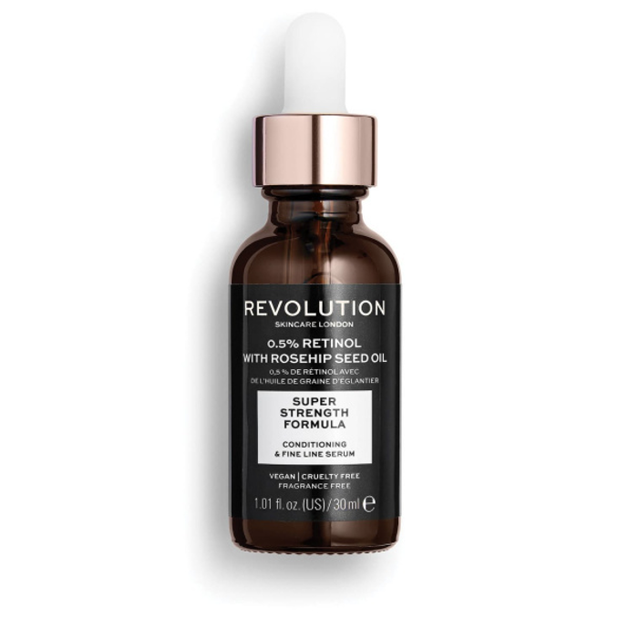 Sérum Extra 0.5% Revolution Retinol Serum with Rosehip Seed Oil obsahuje 0,5% retinolu. Retinol je forma vitamínu A. Tato složka podporuje přirozenou obnovu pokožky, pro hladší vzhled a změkčení jemných linek. 335 Kč
