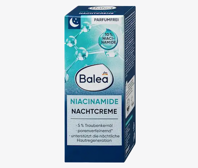 Balea pleťový noční krém s niacinamidem podporuje regeneraci pokožky a jejímu zjemnění. Složení s 5% olejem z hroznových jader podporuje hydrataci a zajišťuje posílení kožní bariéry, stejně jako pružnost. 129 Kč
