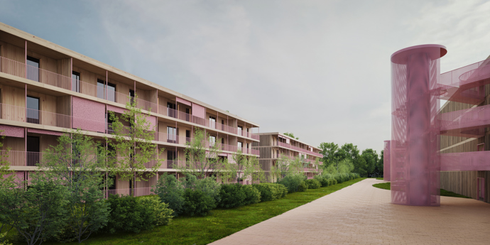 Pavlačový dům MOZAIKA vychází z ikonického domu Hannese Meyera z 30. let v Dessau. Studio jej jen zmodernizovalo do moderní a funkční podoby. Výsledkem je přívětivý dům s variabilními byty o velikosti 55 metrů čtverečních od 1kk až po 3kk. Obytné prostory jsou orientované do krajiny, aby obyvatelé měli dostatek klidu a soukromí. Obslužné místnosti míří k pavlači. 
