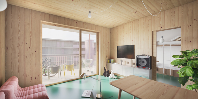 Pavlačový dům MOZAIKA vychází z ikonického domu Hannese Meyera z 30. let v Dessau. Studio jej jen zmodernizovalo do moderní a funkční podoby. Výsledkem je přívětivý dům s variabilními byty o velikosti 55 metrů čtverečních od 1kk až po 3kk. Obytné prostory jsou orientované do krajiny, aby obyvatelé měli dostatek klidu a soukromí. Obslužné místnosti míří k pavlači. 

