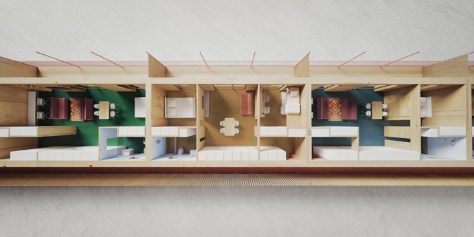 Pavlačový dům MOZAIKA vychází z ikonického domu Hannese Meyera z 30. let v Dessau. Studio jej jen zmodernizovalo do moderní a funkční podoby. Výsledkem je přívětivý dům s variabilními byty o velikosti 55 metrů čtverečních od 1kk až po 3kk. Obytné prostory jsou orientované do krajiny, aby obyvatelé měli dostatek klidu a soukromí. Obslužné místnosti míří k pavlači. 
