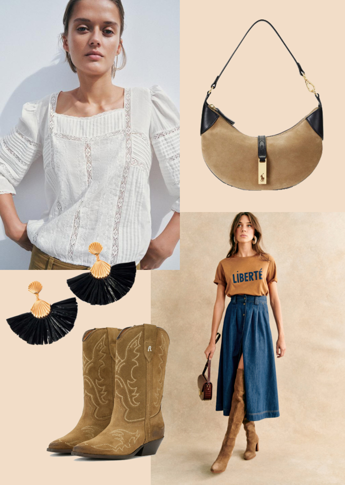 Boho chic outfit číslo 1: Spárujte romantickou krajkovou blůzu s áčkovou denimovou sukní s vysokým pasem. Přidejte semišové doplňky a vše zakončete masivními náušnicemi, které outfit barevně propojí.
