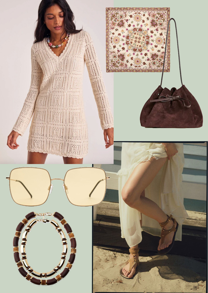 Boho chic outfit číslo 3: Není v létě lepších šatů než těch háčkovaných. Kromě maxi délky můžete zvolit i mini. Přidejte k nim semišové sandálky, které připomínají gladiátorky, na rameno přehodte semišovou tašku. A pak si hrajte s doplňky – masivní kovovo-dřevěný náhrdelník skvěle doplní velké brýle s polotmavými skly a hedvábný šátek uvázaný „na piráta“.
