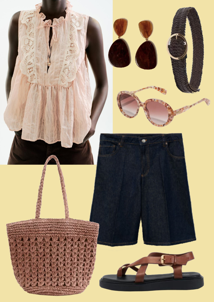 Boho chic outfit číslo 4: Indigo džínové bermudy jsou v létě 2025 must-have kouskem. Spárujte je s bohémskou halenkou bez rukávů. Pas vydefinujte pomocí proplétaného koženého pásku. Obujte kožené sandálky, na rameno hoďte pletenou tašku a vše završte kulatými brýlemi a výraznými náušnicemi.
